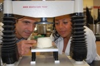 Alejandro Marangoni, professor and Canada research chair in food, health and aging, and Dr. Nuria Acevedo with the soy fat product developed for zero-trans, low-saturate roll-in shortening. (photo credit to SPARK)