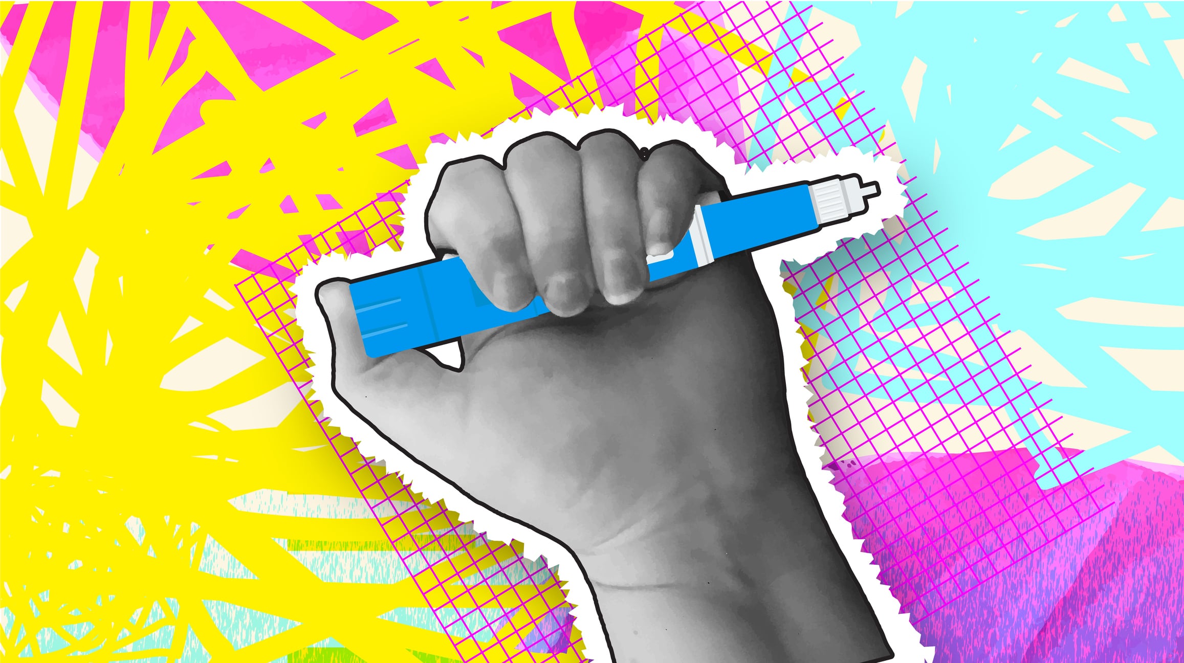 An image of a hand holding a needle on a yellow, pink and blue graffiti background