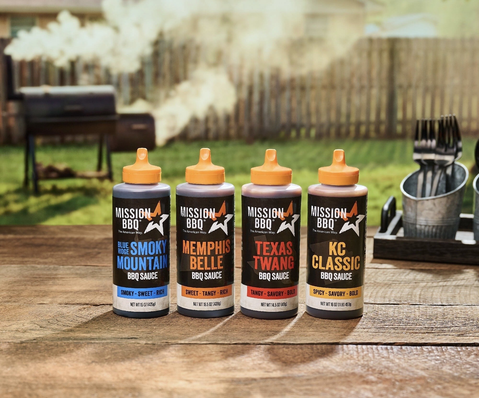 The line includes four varieties – Mission BBQ Memphis Belle, Mission BBQ Blue Ridge Smoky Mountain, Mission BBQ Texas Twang and Mission BBQ KC Classic.
