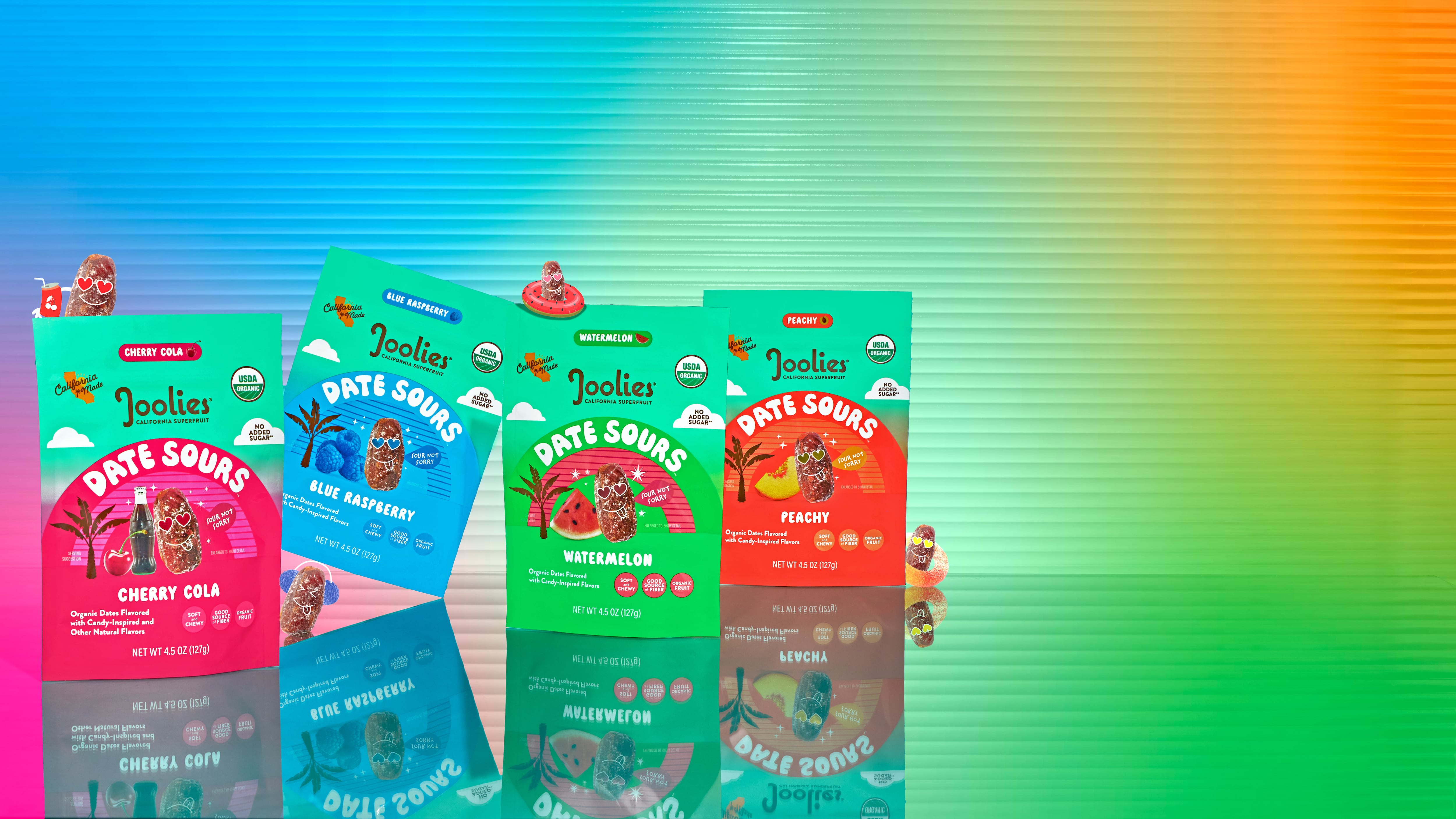 With flavors like Watermelon, Cherry Cola, Peachy and Blue Raspberry, Joolies' Date Sours aims to lower the entry point for non-date audiences who can easily recognize the nostalgic flavor profiles.