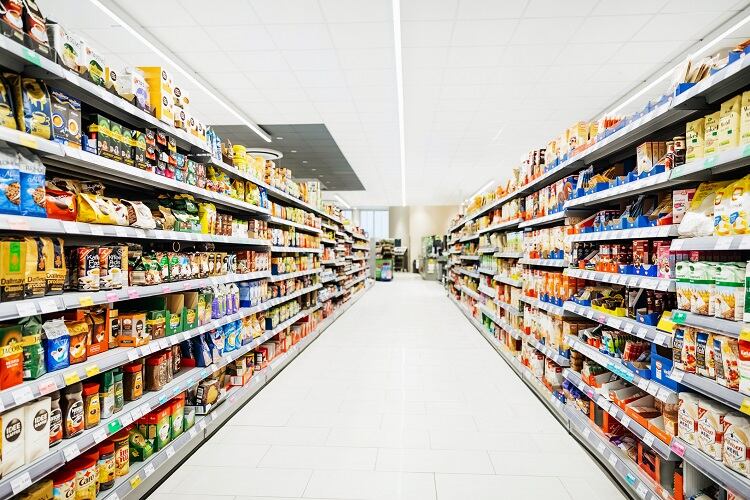 A colorful supermarket aisle with no people.