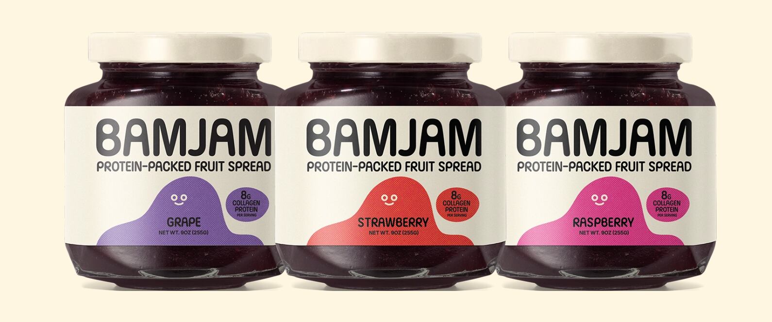 BamJam's protein fruit spreads in grape, strawberry and raspberry flavors