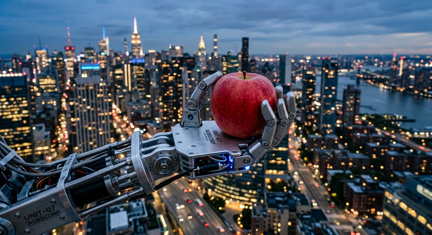 Robot hand holding an apple, cityscape behind it