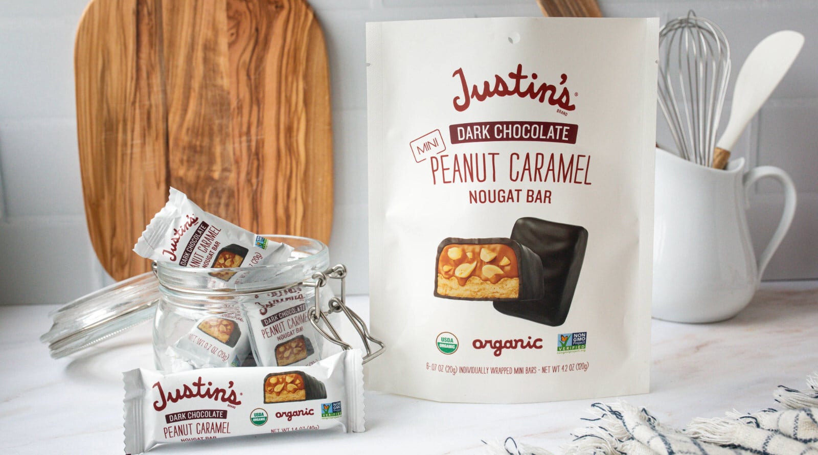 Product shot of the new Justin’s Peanut Caramel Nougat Chocolate Candy Bars.