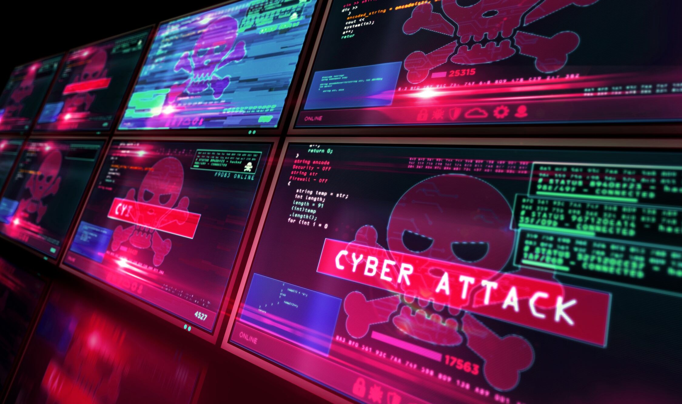 Cyber attack red alert with skull symbol on computer screen with glitch effect.