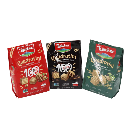 The Loacker mini treats bag features an assortment in hazelnut, dark chocolate and matcha.