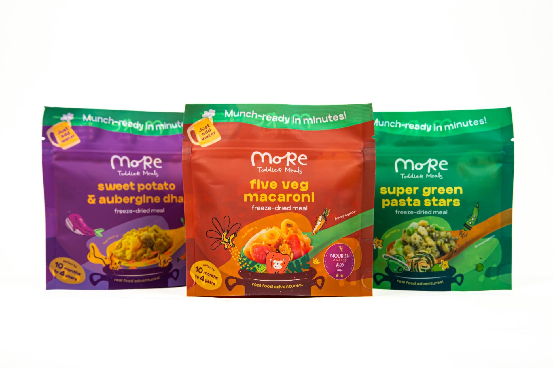 More Toddler Foods freeze-dried toddler meal packs with added water preparation.
