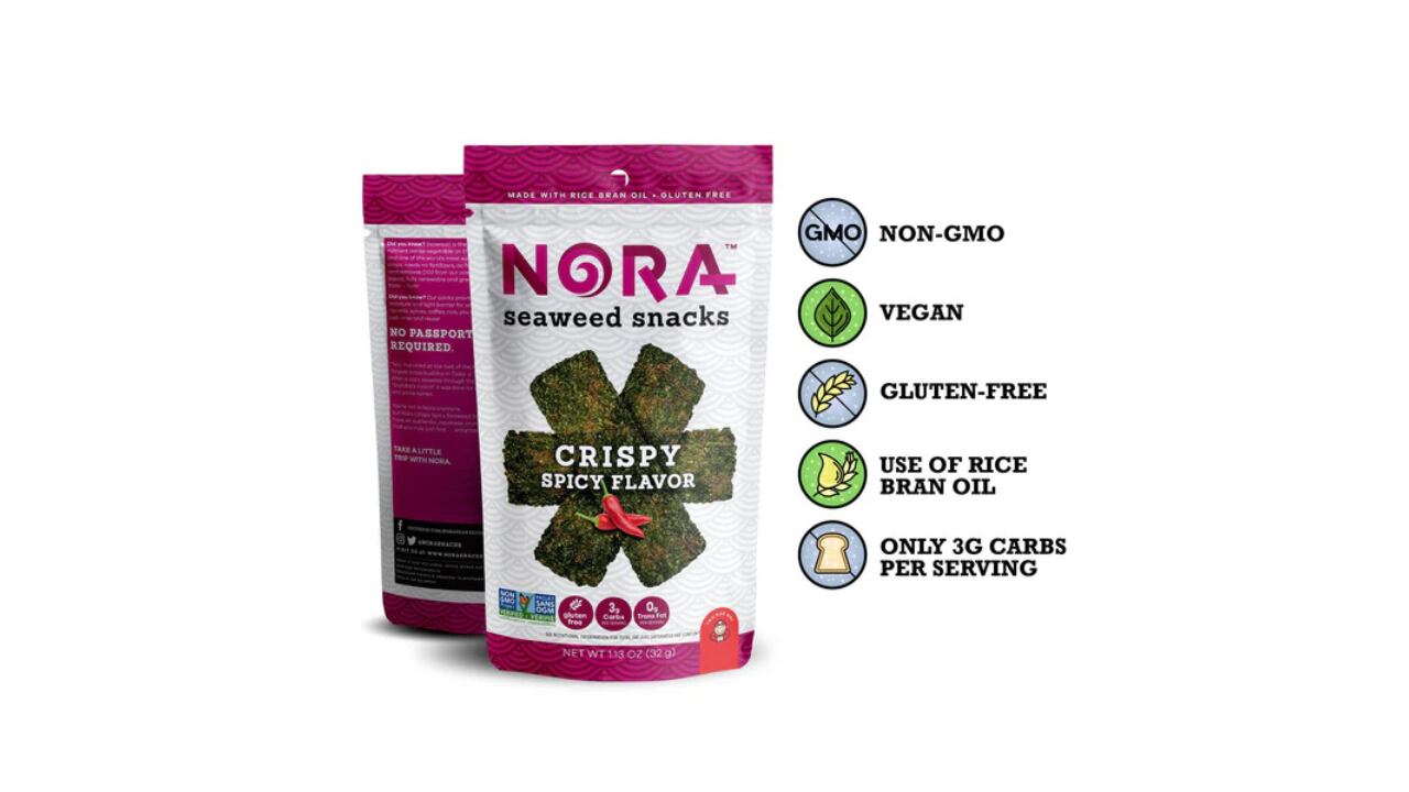 Nora offers Original Crispy, Tempura and Spicy Tempura seaweed chips.