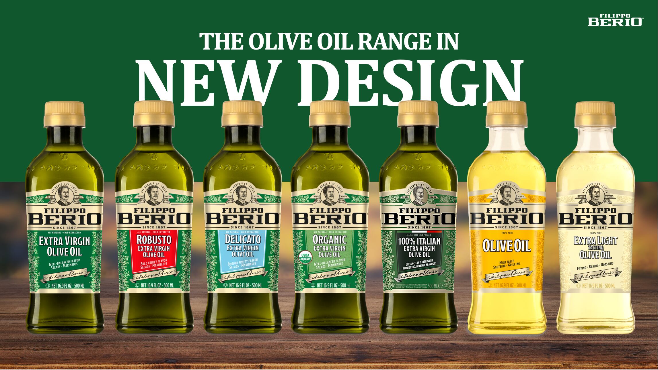 A revamped color palette now clearly communicates flavor strength: rich red for robust oils, pale blue for delicate varieties and deep green for the signature extra virgin. The lineup includes robust, delicate, organic and refined oils designed for cooking, sautéing, frying and even baking.