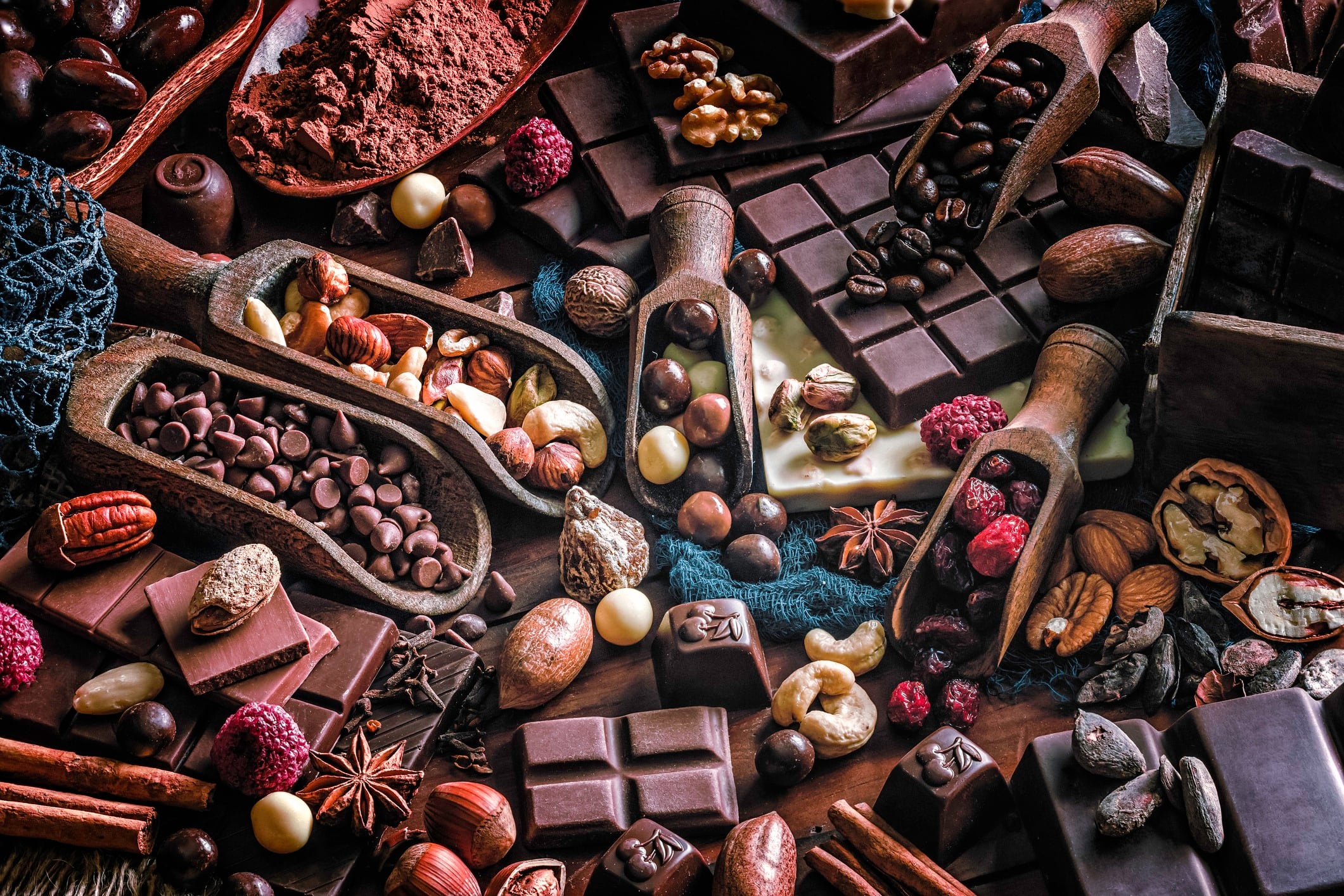Assorted chocolate, nuts and dried fruit in old fashioned style.