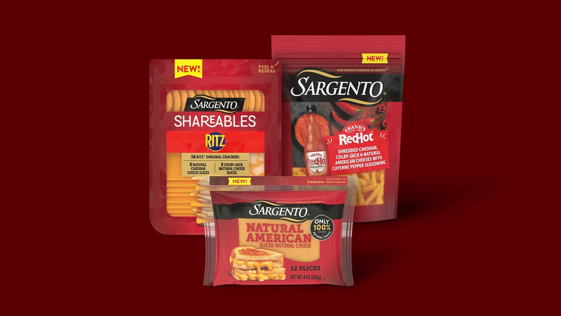 Image of Sargento's three new innovations, Sargento® Natural American Cheese; Sargento® Seasoned Shredded Cheese; and Sargento® Shareables