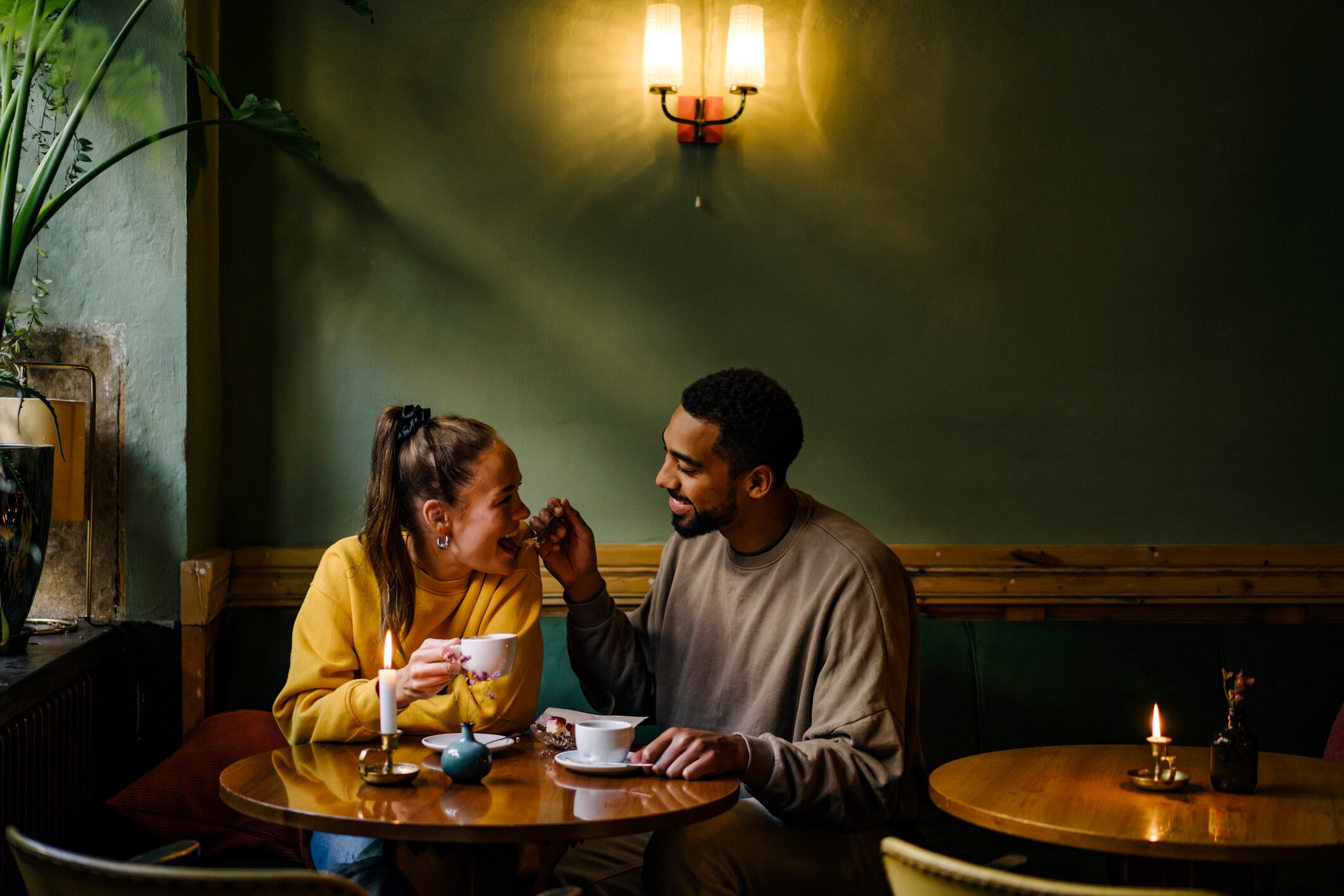 Couple on a date during a weekend afternoon at a cafe