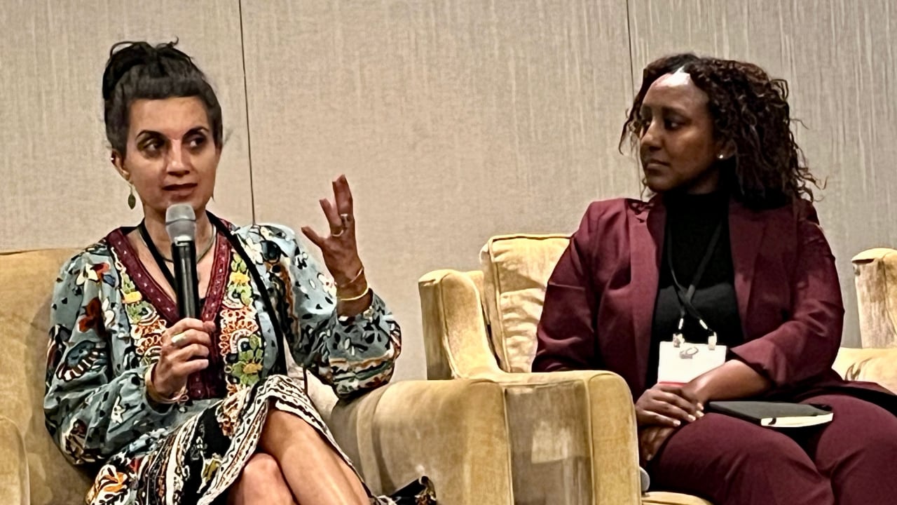 (Left) Geeta Maker-Clark, a medical doctor at Endeavor Health and director of Integrative Nutrition and Advocacy at University of Chicago Pritzker School of Medicine and (Right) Haleta Belai, vice president of the Drivers of Health program at Centene discuss advancing food as medicine in health care.