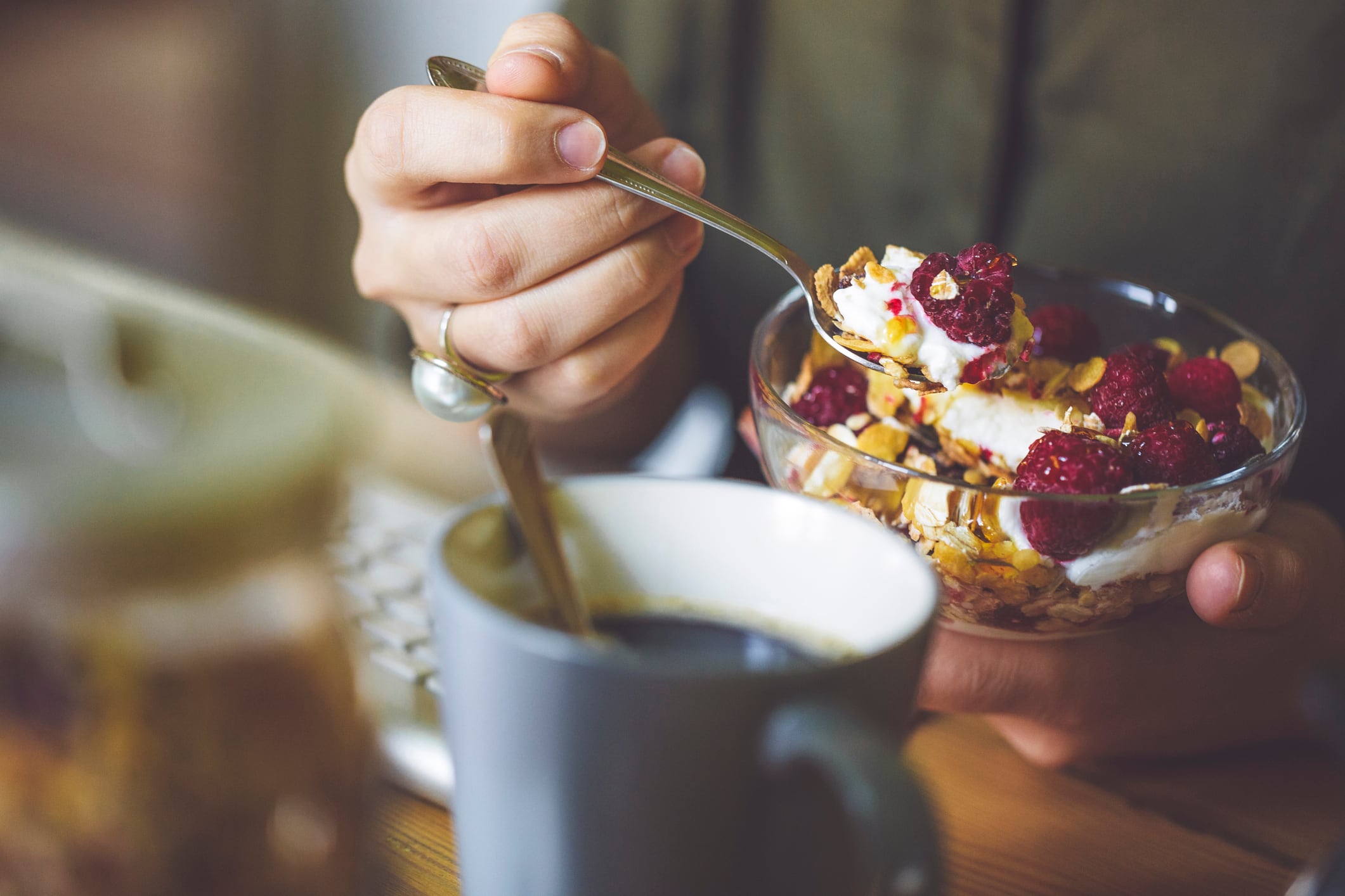 breakfast cereal with yogurt and coffee