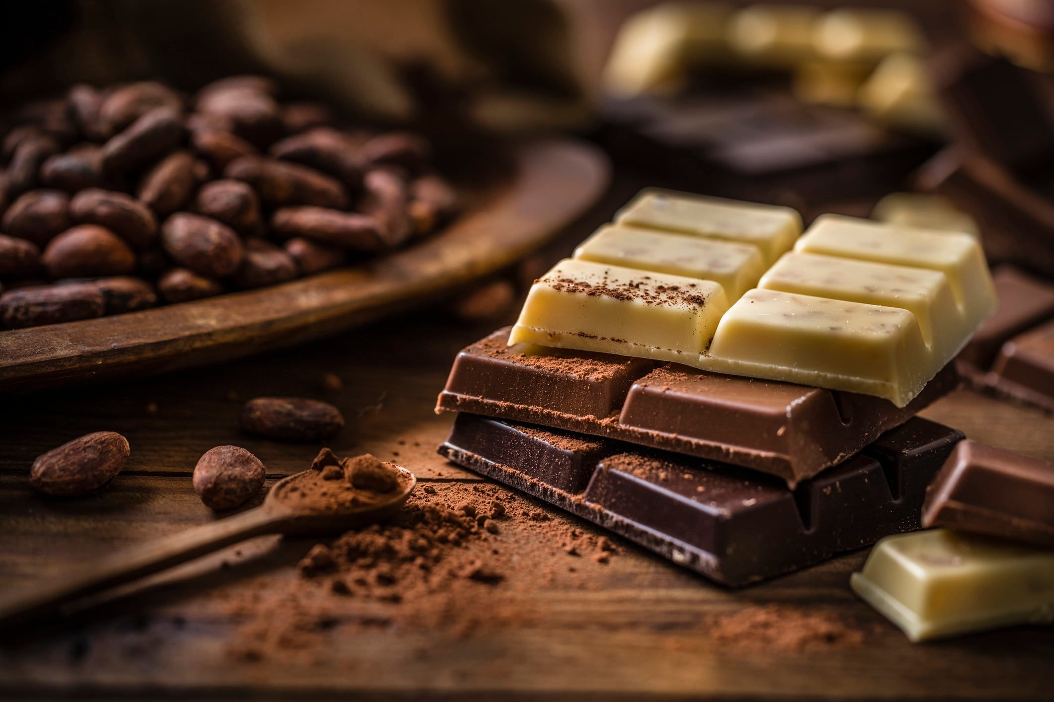 Stack of three types of chocolate bars surrounded by cocoa powder and cocoa beans on a rustic wooden table. The composition includes a dark chocolate bar, a milk chocolate bar and a white chocolate bar.
