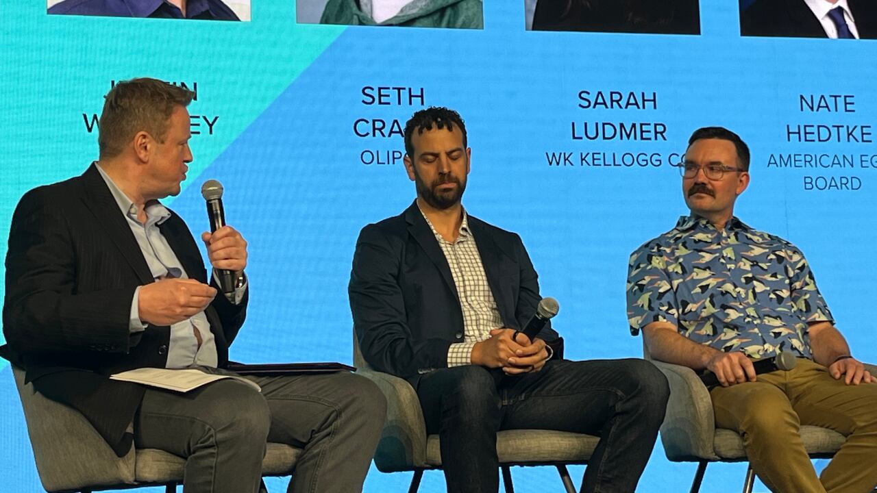 From left: Thomas Grotkjær, partner at Planetary Health Investments, Novo Holdings; Justin Whiteley, co-founder and CEO of Kioga; and Seth Crass, senior director of quality, R&D and regulatory at Olipop, at Future Food Tech San Francisco.
