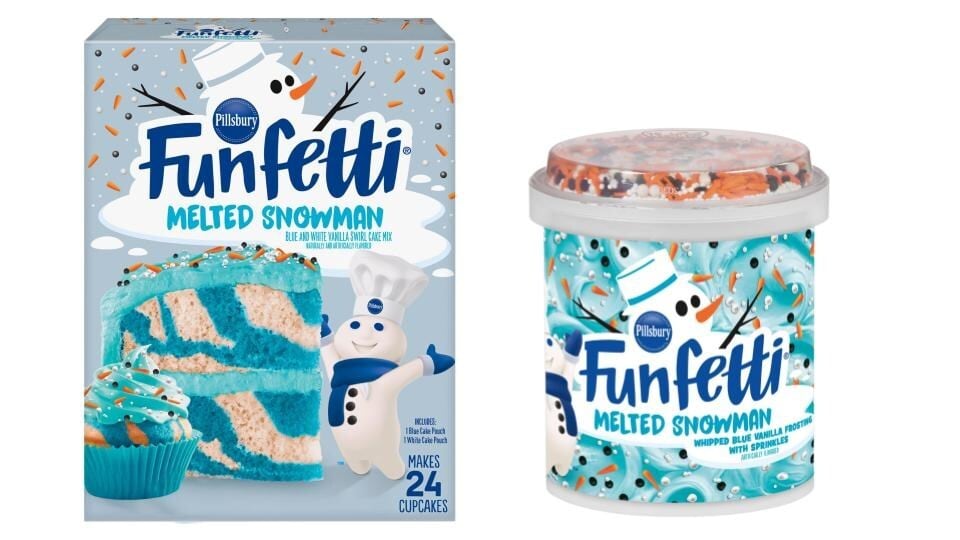 Pillsbury Funfetti Melted Snowman Blue & White Vanilla Swirl Cake Mix and Pillsbury Funfetti Melted Snowman Whipped Blue Vanilla Frosting with Sprinkles