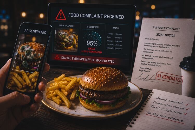 AI-generated illustration showing how manipulated food imagery, synthetic complaint letters and deepfake evidence could be used to support fraudulent refund claims. The image does not depict a real complaint, product or food safety incident.