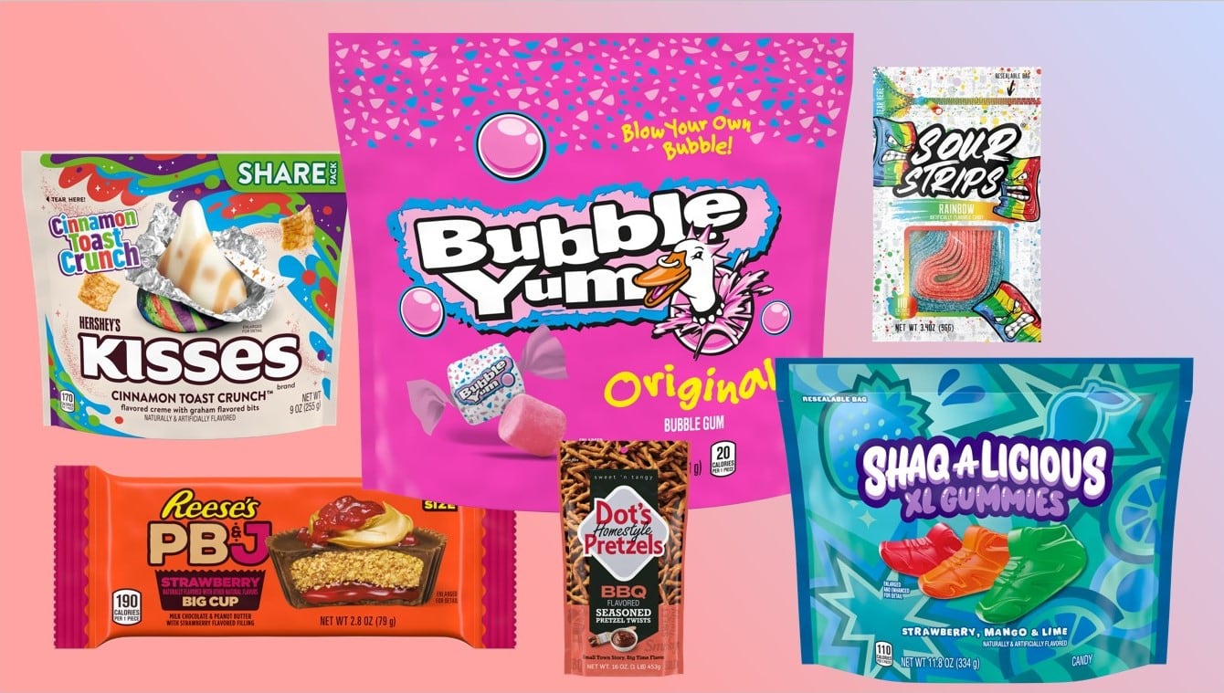Cinnamon Toast Crunch Hershey Kisses, Bubble Yum, Reese's PB&J in Strawberry, Dot's Pretzels in BBQ flavor, Shaq-A-Licious XL Gummies in the new sneaker shape and Sour Strips