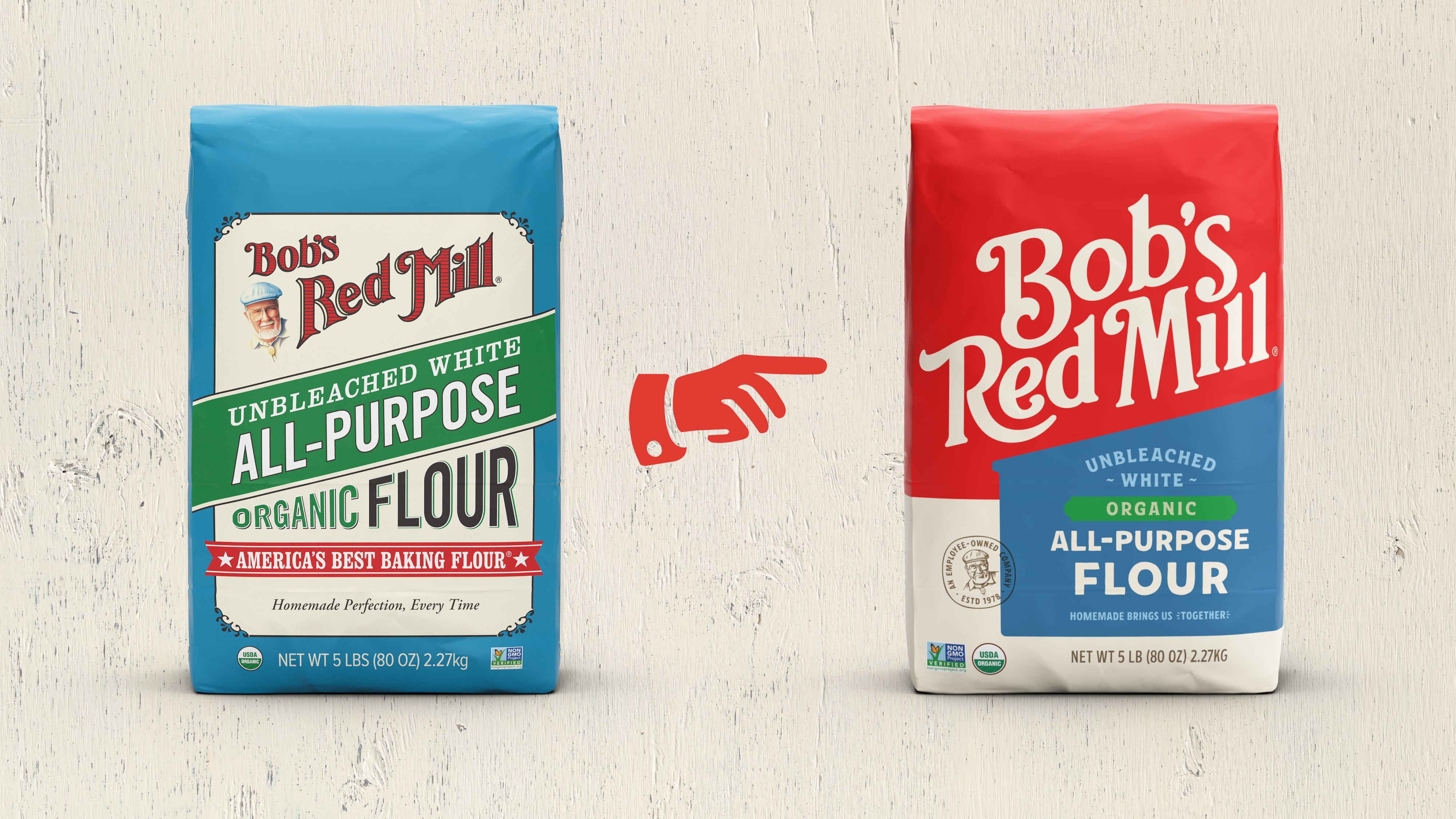 Bob’s Red Mill’s new packaging (right) features a larger, bolder logo, color-coded product lines and updated visuals designed to improve shelf visibility, compared to its previous design (left).