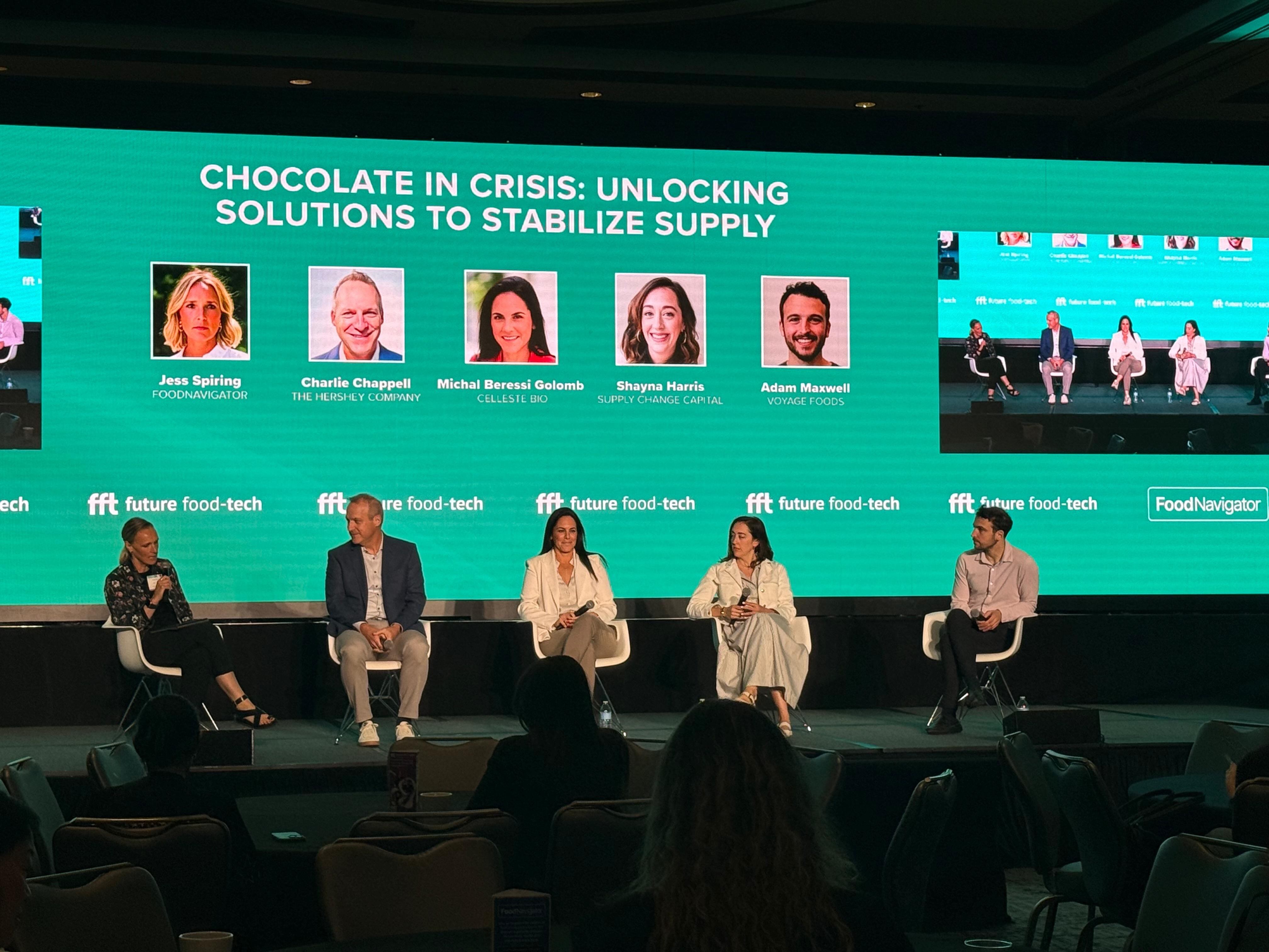 Food Navigator editor in chief, Jess Spiring recently moderated a panel on chocolate in crisis at Future Food-Tech in Chicago. Speakers were (left to right) Charlie Chappell from Hershey, Michal Beressi Golomb from Celleste Bio, Shayna Harris, from Supply Change Capital and Adam Maxwell from Voyage Foods.