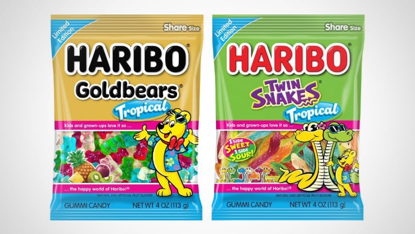 Packshots of Haribo's Goldbears Tropical and Twin Snakes