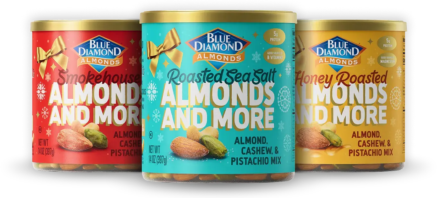 Blue Diamond's holiday-inspired mixed nut blends contain almonds, pistachios and cashews in three different seasonings:  Smokehouse, Roasted Sea Salt and Honey Roasted