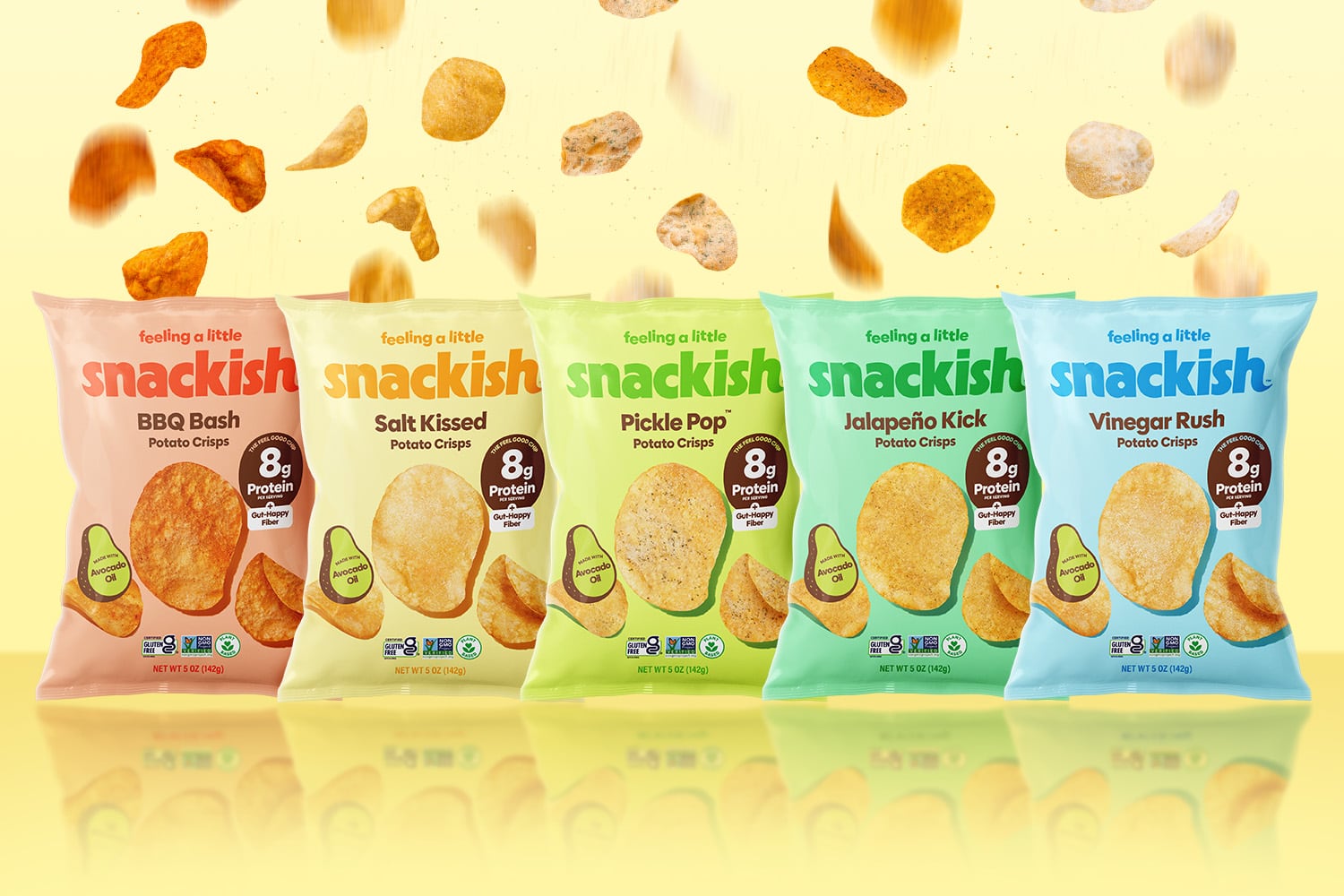 Each bag contains 3 grams of fiber from cassava, 8 grams of potato protein, and is made with avocado oil. The product lineup includes five flavors: BBQ Bash, Salt Kissed, Pickle Punch, Jalapeño Kick and Vinegar Rush.