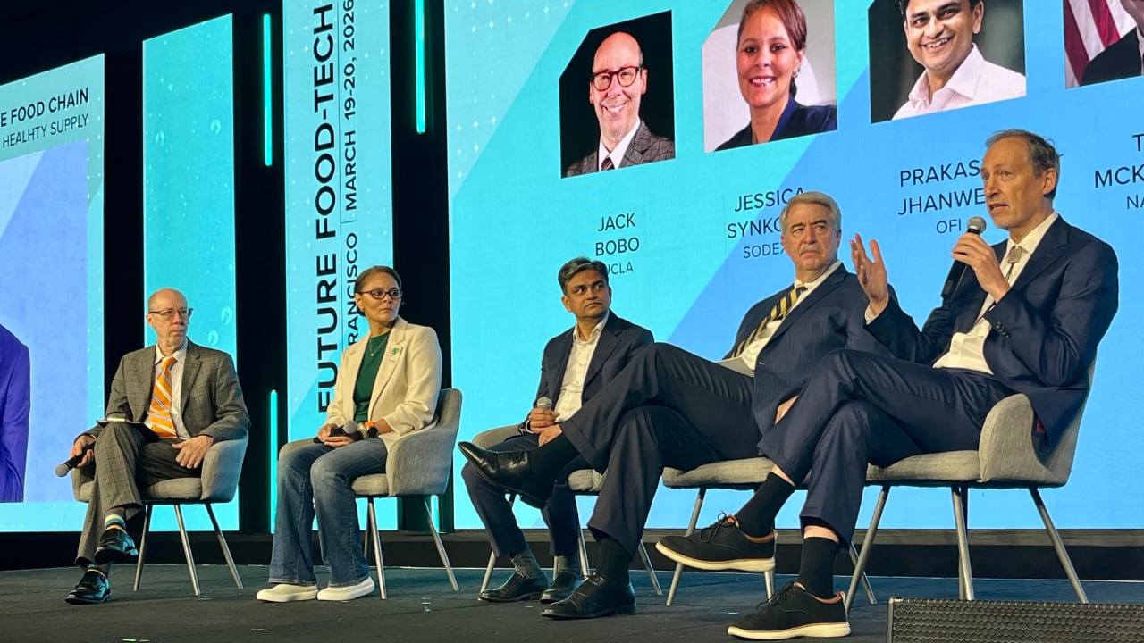 From left: Jack Bobo, executive director of the Rothman Family Institute for Food Studies at UCLA; Jessica Synkoski, vice president of sustainability and corporate social responsibility at Sodexo; Prakash Jhanwer, managing director and CEO for spices at OFI; Ted McKinney, CEO of NASDA and former USDA under secretary for trade and foreign agricultural affairs; and Roy Steiner, senior vice president for food at the Rockefeller Foundation.