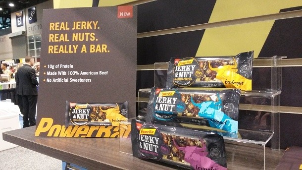 PowerBar makes jerky more convenient by molding it into a bar with nuts