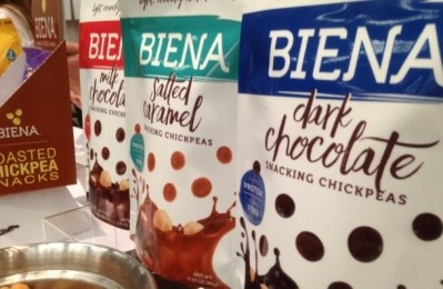 Biena's chocolate covered roasted chickpeas have 130-140 calories, 4g of protein and 4g of fiber per 28g serving. 