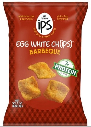 The gluten-free egg white chips from IPS  All Natural (Intelligent Protein Snacks) contain 7g of protein per serving and less than half the fat of fried potato chips