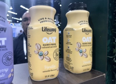 The latest innovation from Lifeway Foods is cultured oat milk, pictured on display at Expo West earlier this year. Image credit: Elaine Watson