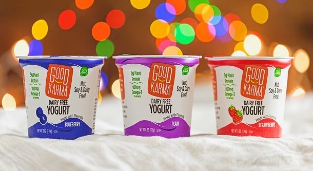 Good Karma dairy-free yogurts are available in blueberry, strawberry, vanilla, plain and raspberry flavors