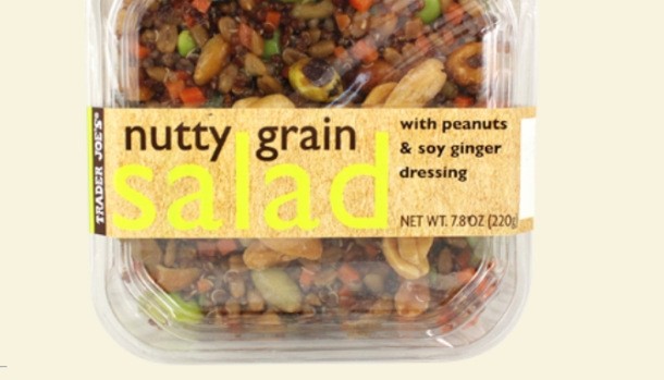 Trader Joe's nutty grain salad has 21g of protein and contains red quinoa, spelt, pistachios, peanuts, pumpkin seeds and edamame with a Thai-style, soy ginger dressing  