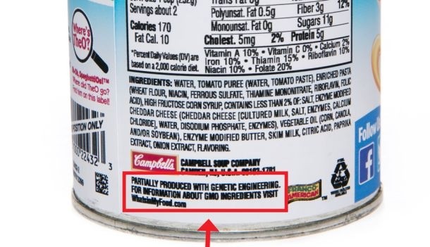 A mock up of what a can of SpaghettiOs would look like with a GMO label declaration