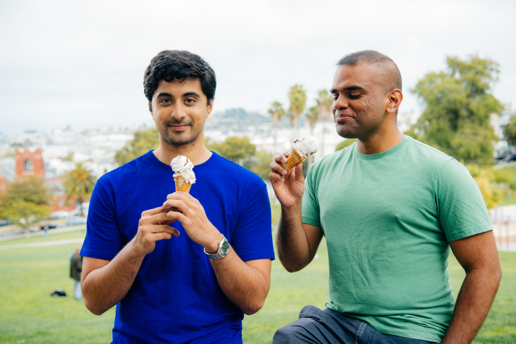 Perfect Day cofounders Ryan Pandya (left) and Perumal Gandhi (right) test ice cream featuring their non-animal whey proteins (Picture: Perfect Day)
