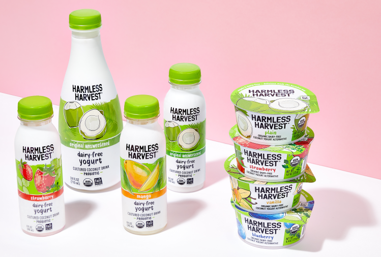 Harmless Harvest yogurt alternative cups (MSRP $2.29) come in four flavors (plain, strawberry, vanilla, blueberry) and are cultured with seven live active yogurt strains. Picture: Harmless Harvest