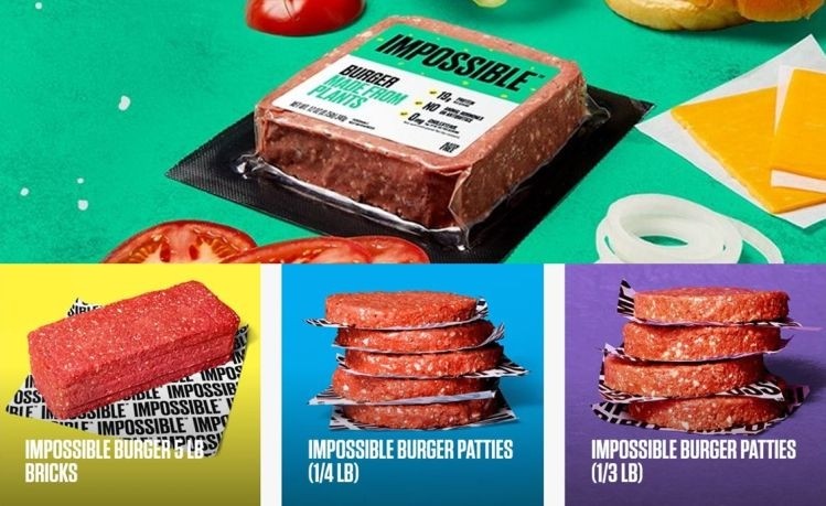 Top: Impossible Burger retail package. Bottom: Impossible Burger foodservice products. Pictures: Impossible Foods