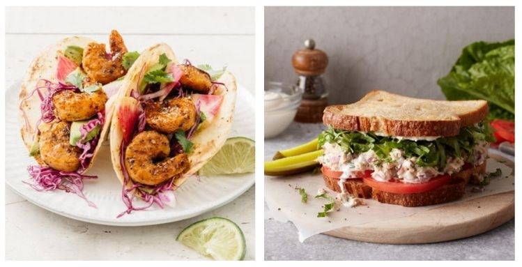 Picture credits: Michael Piazza Photography (New Wave Foods shrimp, featured left), and plant-based tuna sandwich picture (right) courtesy of Good Catch