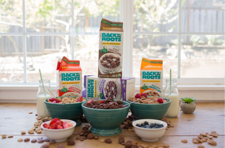 Back to the Roots has four organic whole grain cereal SKUs: Cocoa flakes, purple corn flakes, certified biodynamic cinnamon flakes, and stoneground frosted flakes