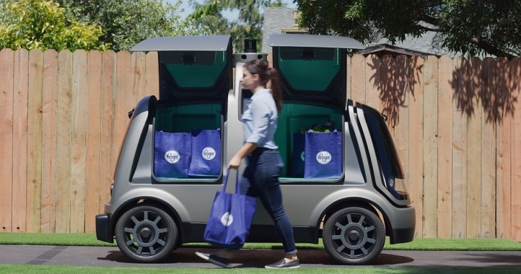 Kroger is currently using a fleet of Nuro software-powered Toyota Prius vehicles to delivery groceries. Later this year Nuro will deploy its custom R1 autonomous vehicles (pictured above). Photo: Kroger