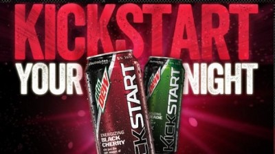 Sweetened with HFCS, ace K and sucralose, the hugely successful 'energizing' sparking beverage Mountain Dew Kickstart has 5% juice, vitamins, and 92mg of caffeine in a 16oz can  