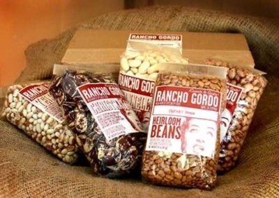 Beans from the Rancho Gordo Desert Island Sampler pack: Santa Maria Pinquito, Midnight Black, Alubia Blanca, Classic Cranberry, and Yellow Eye.