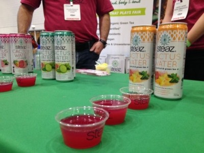 Steaz showcased its new cactus waters at the Healthy & Natural show in May (ingredients: prickly pear concentrate, cane sugar, lemon juice, natural flavors, green tea, stevia).