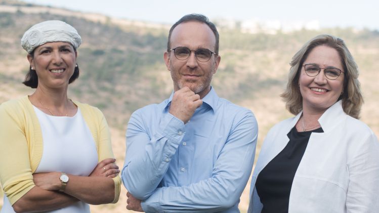 Aleph Farms' leadership team. From left to right_ Technion Professor Shulamit Levenberg; Didier Toubia; Dr. Neta Lavon. Credit_ Rami Shalosh
